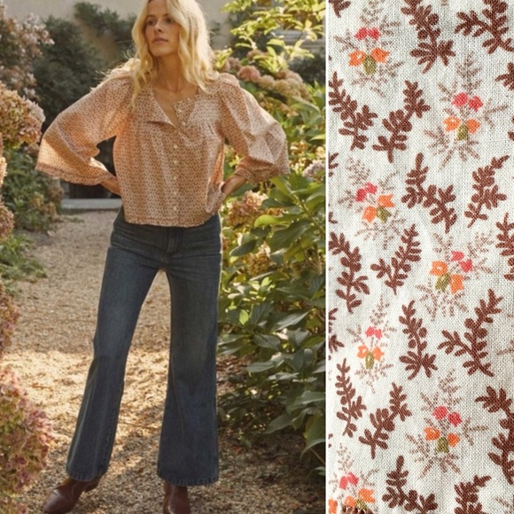 Doen Tops - DOEN Lunaria Blouse Top XL Bell Sleeves Ruffle Hems Ditsy Floral Cottage Prairie